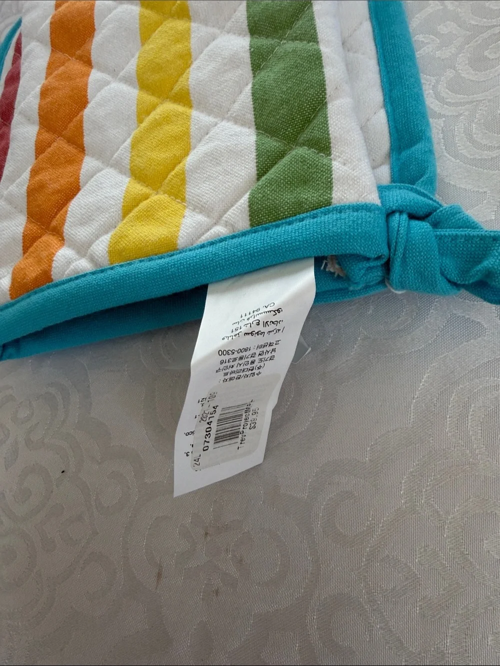 Williams Sonoma Striped Oven Mitt and Pot Holder Set in Teal Trim